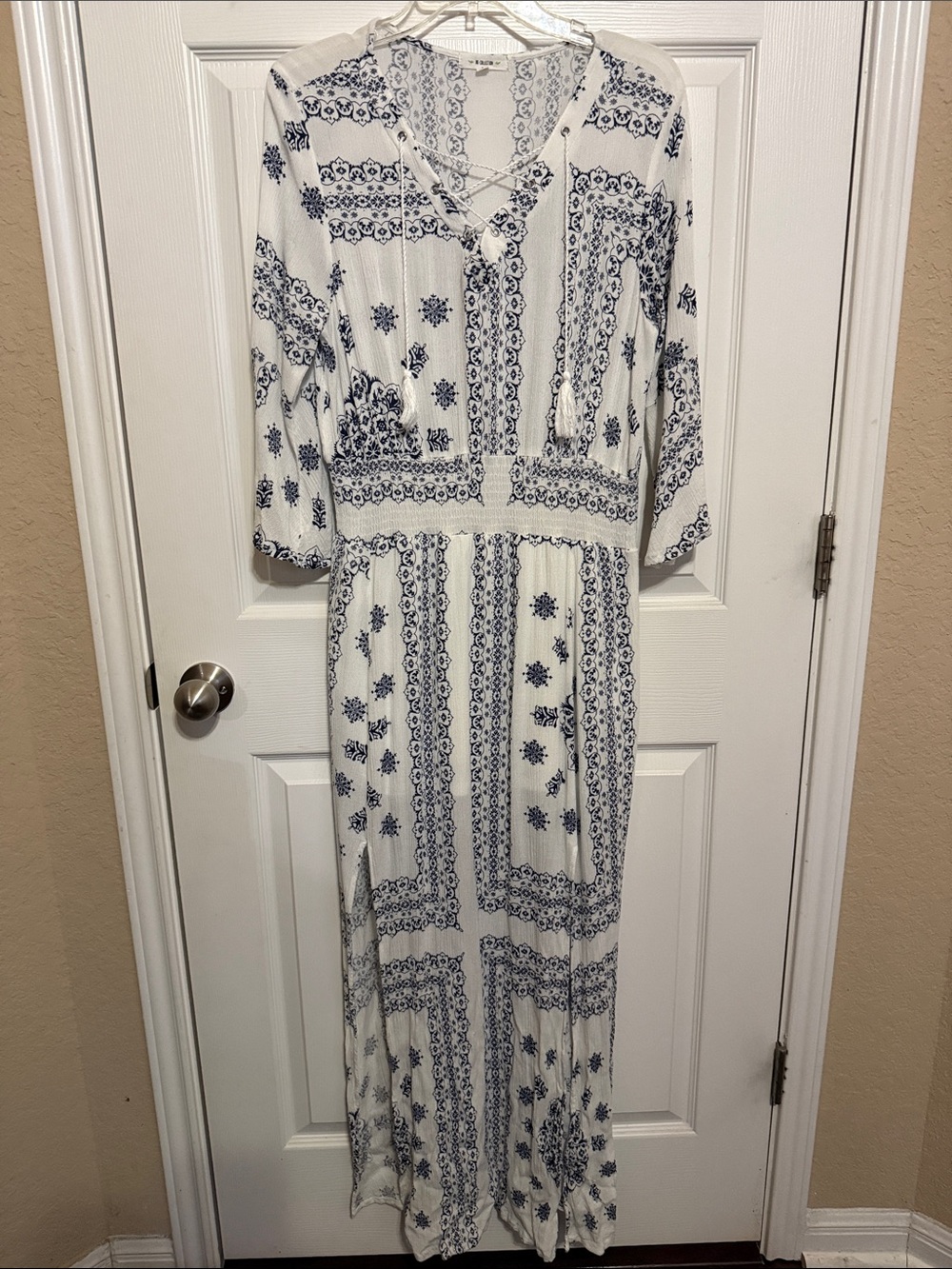 BO Collection White Maxi Dress with Navy Tile Print and Tassel Tie
